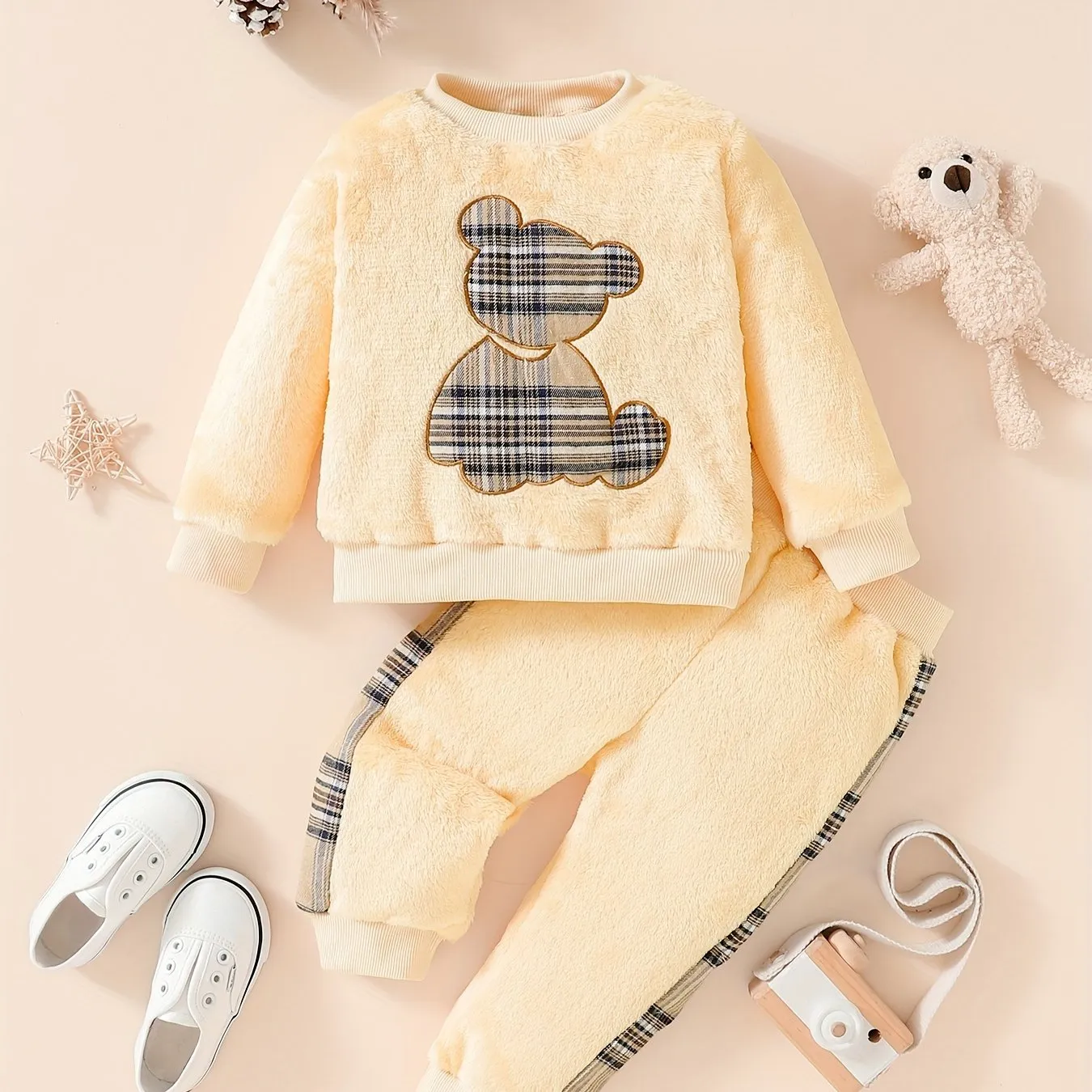 Baby Boys And Girls Long Sleeve Cartoon Stripe Bear Pattern Double-sided Flannel Sweatshirt   Trousers 2pcs Set For Autumn And Winter Outdoor Wear
