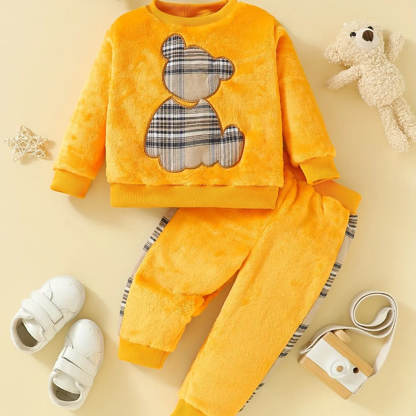 Baby Boys And Girls Long Sleeve Cartoon Stripe Bear Pattern Double-sided Flannel Sweatshirt   Trousers 2pcs Set For Autumn And Winter Outdoor Wear