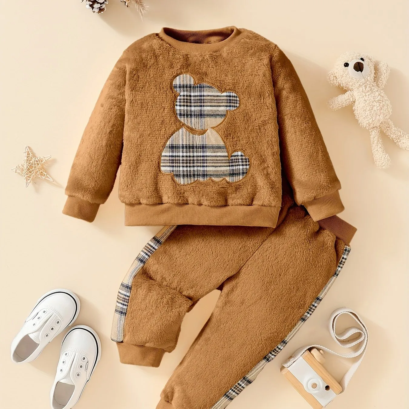Baby Boys And Girls Long Sleeve Cartoon Stripe Bear Pattern Double-sided Flannel Sweatshirt   Trousers 2pcs Set For Autumn And Winter Outdoor Wear