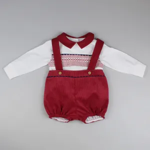 Baby Boys Red Two Piece Outfit- Smocked Shirt, Braces and Shorts Set