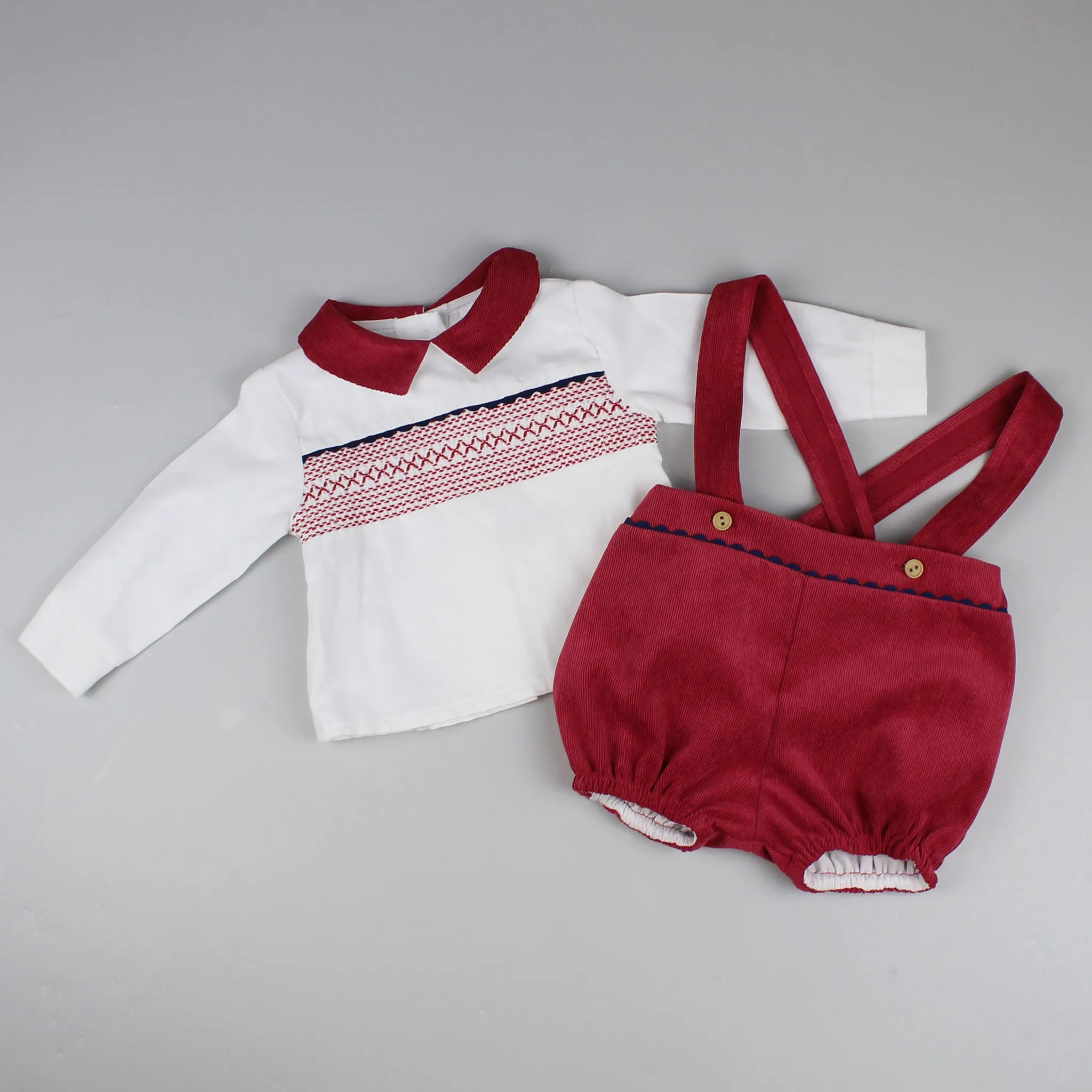 Baby Boys Red Two Piece Outfit- Smocked Shirt, Braces and Shorts Set