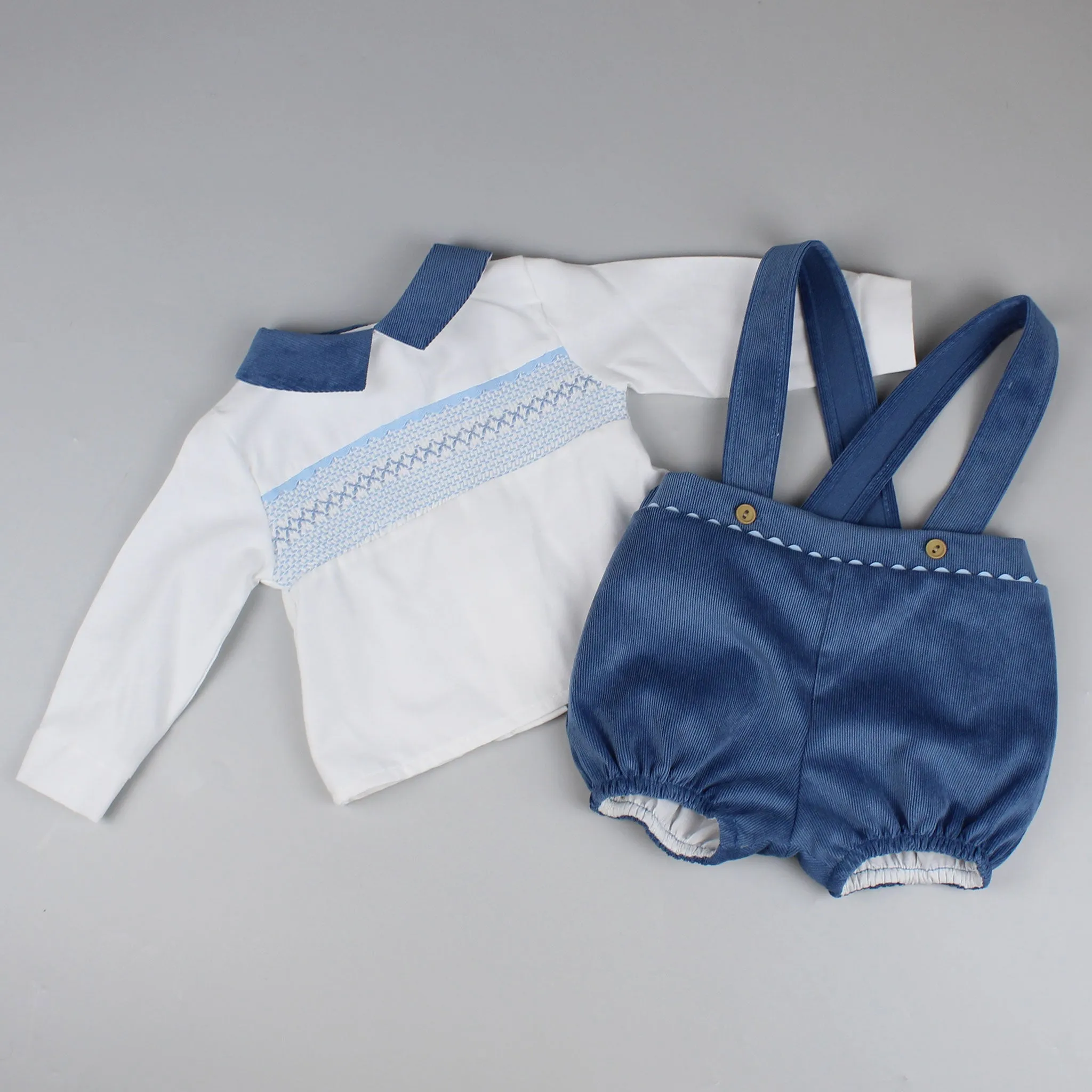 Baby Boys Steel Blue Two Piece Outfit- Smocked Shirt, Braces and Shorts Set