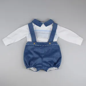 Baby Boys Steel Blue Two Piece Outfit- Smocked Shirt, Braces and Shorts Set