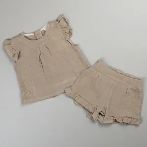 Baby Girls Cotton Outfit - Vest and Shorts - Beige