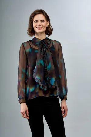 BCT6789 Chiffon Blouse with Ruffles and Attached Scarf in Aurora Nights