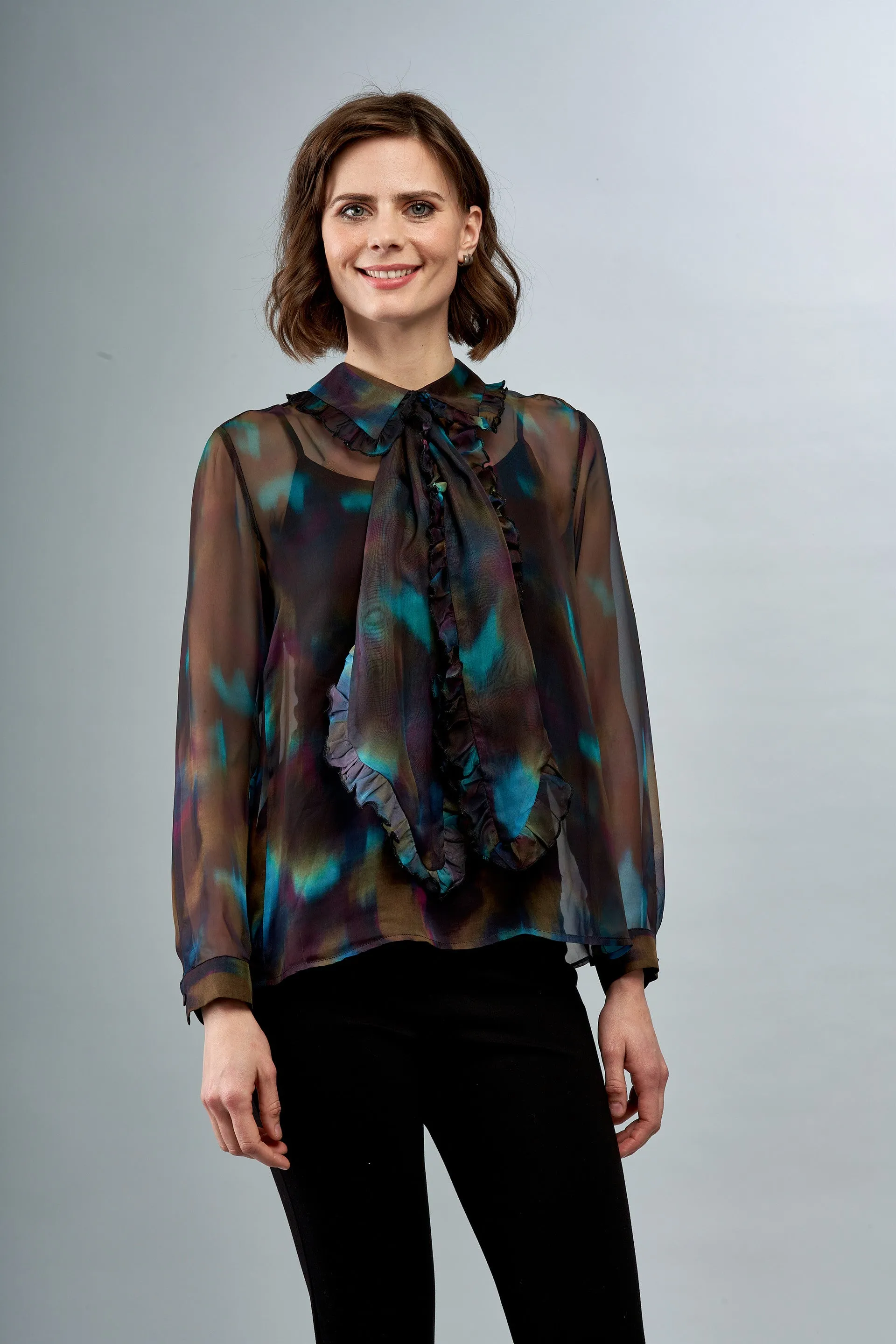 BCT6789 Chiffon Blouse with Ruffles and Attached Scarf in Aurora Nights