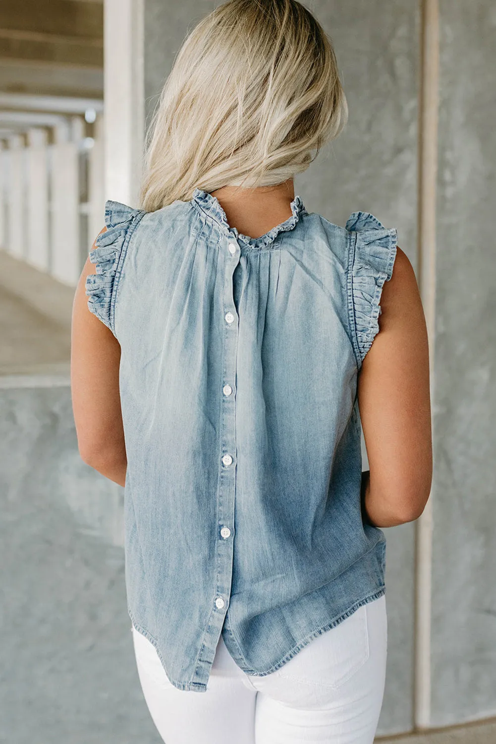 Beau Blue Frilly Pleated Button Back Retro Chambray Top
