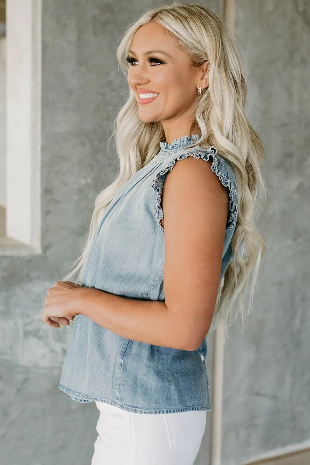 Beau Blue Frilly Pleated Button Back Retro Chambray Top