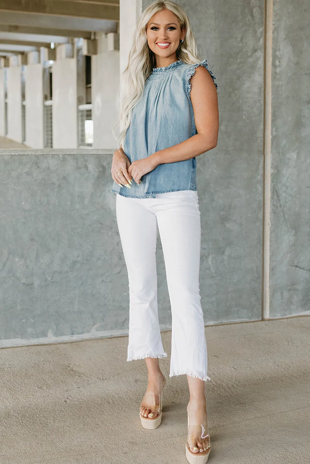 Beau Blue Frilly Pleated Button Back Retro Chambray Top