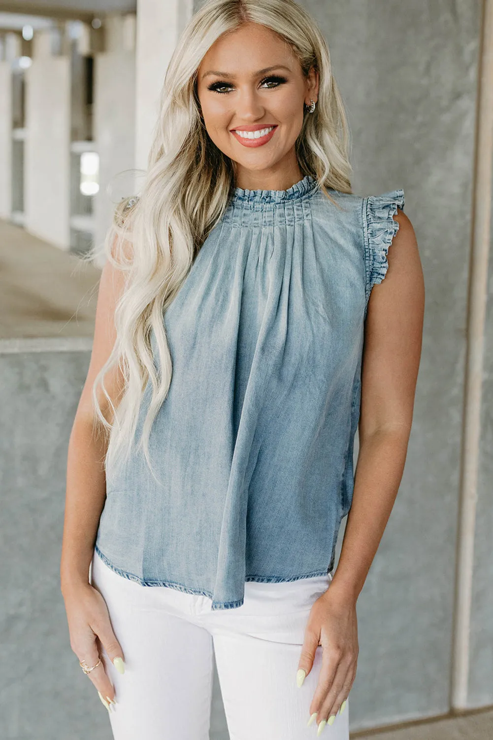 Beau Blue Frilly Pleated Button Back Retro Chambray Top