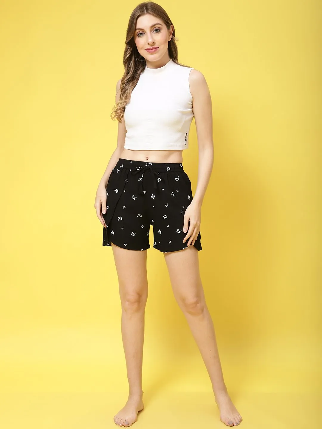 Black Abstract Printed Viscose Rayon Shorts For Women