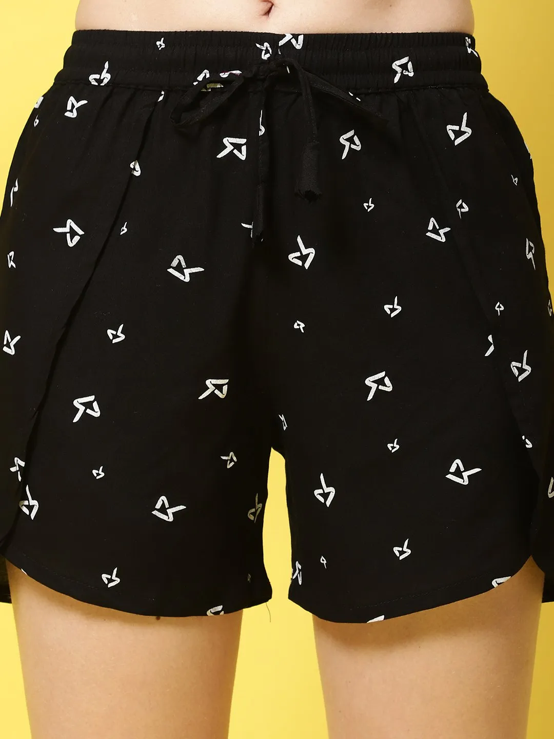 Black Abstract Printed Viscose Rayon Shorts For Women