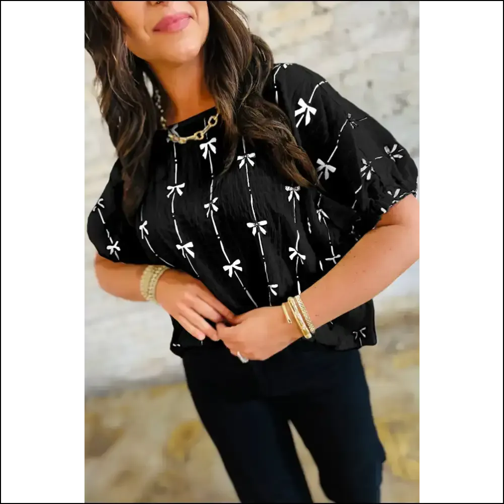 Black Bow Print Puff Sleeve Blouse: Dangerously Cute 🖤