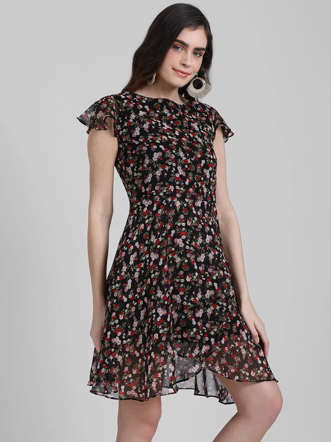Black Floral Print Layered Short Dress