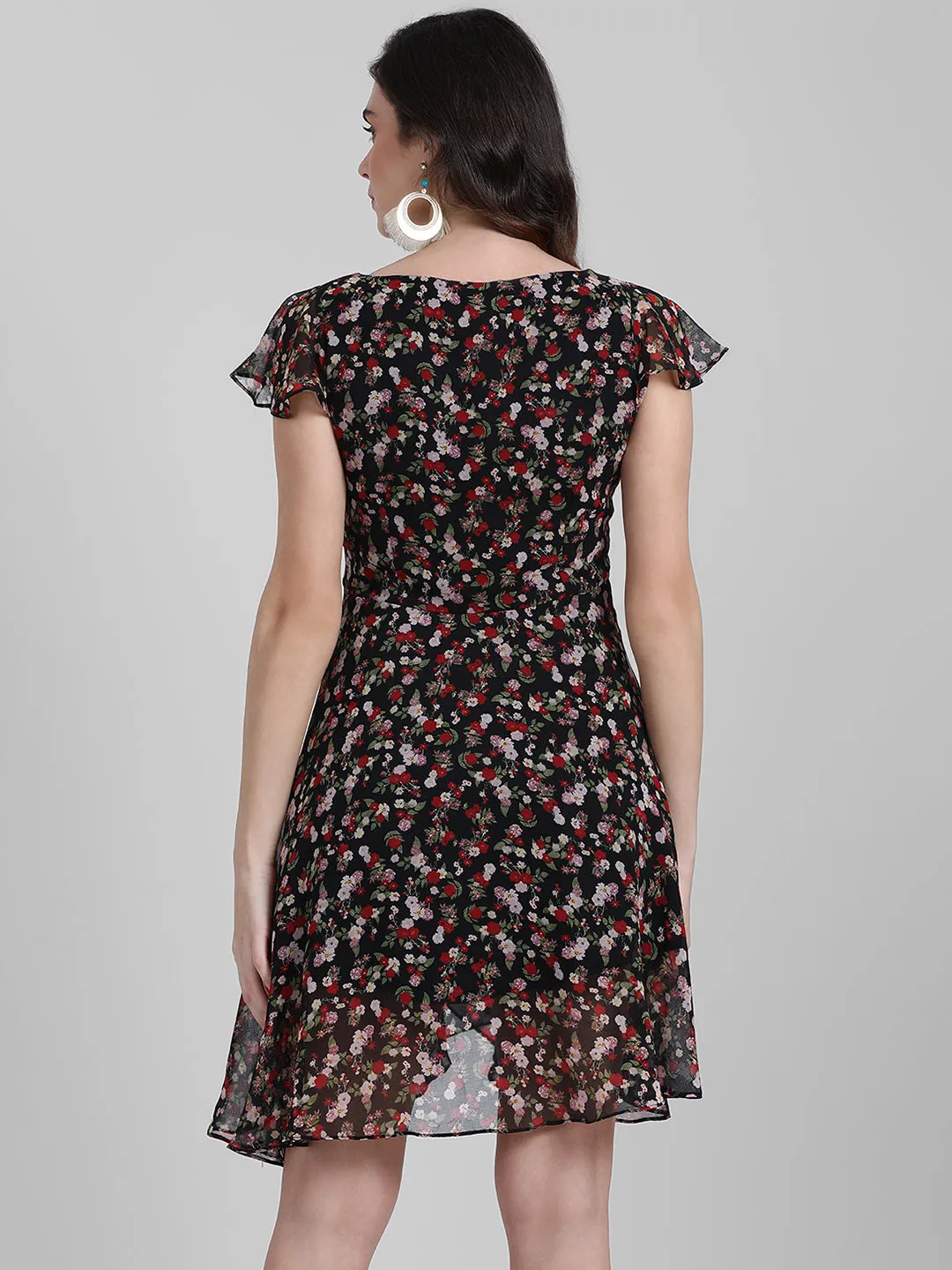 Black Floral Print Layered Short Dress
