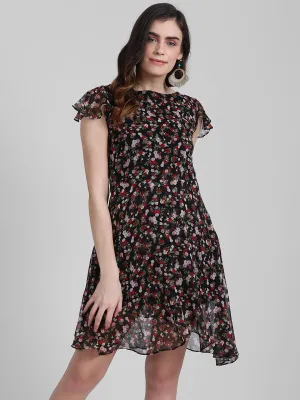 Black Floral Print Layered Short Dress