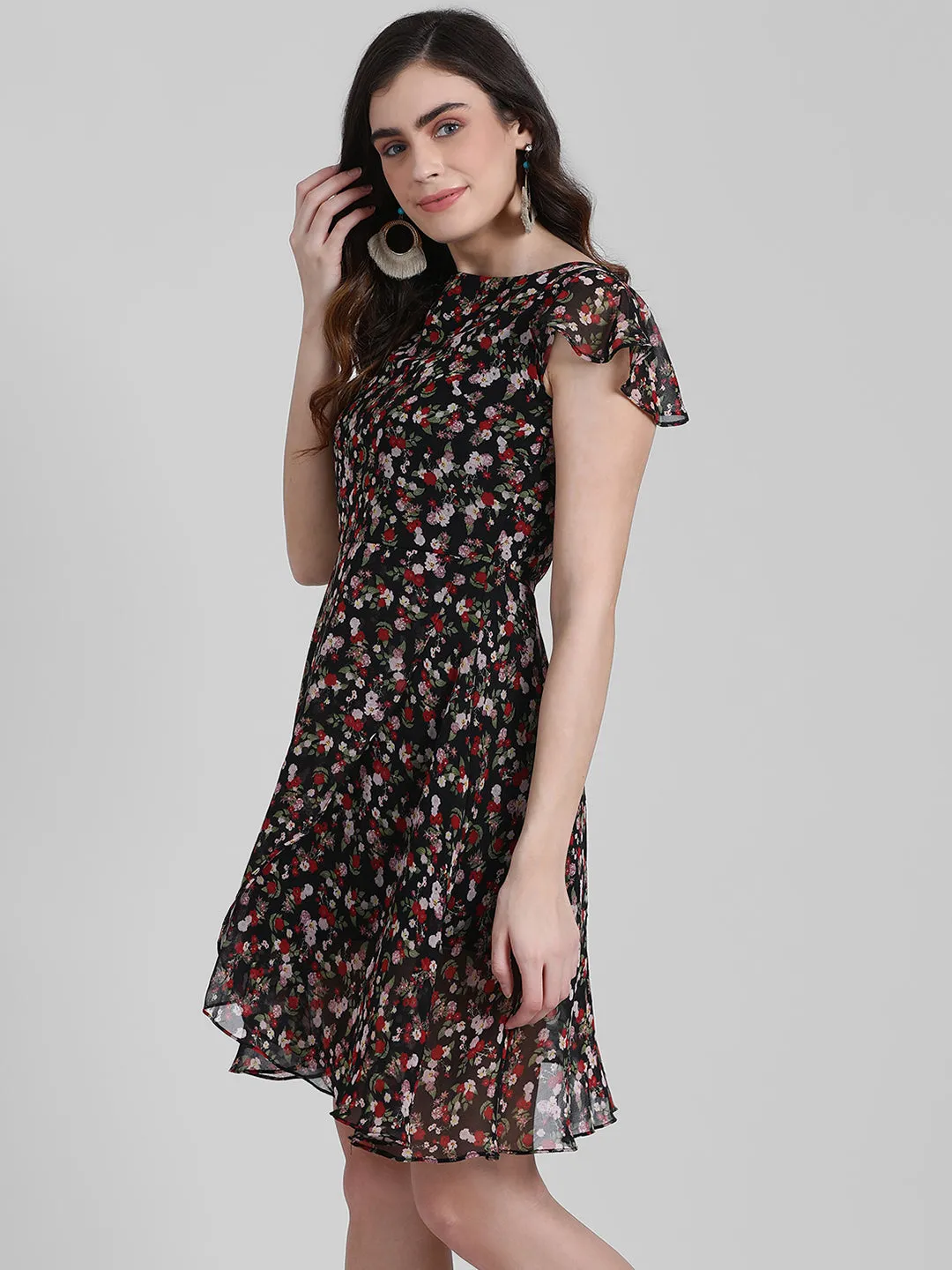 Black Floral Print Layered Short Dress