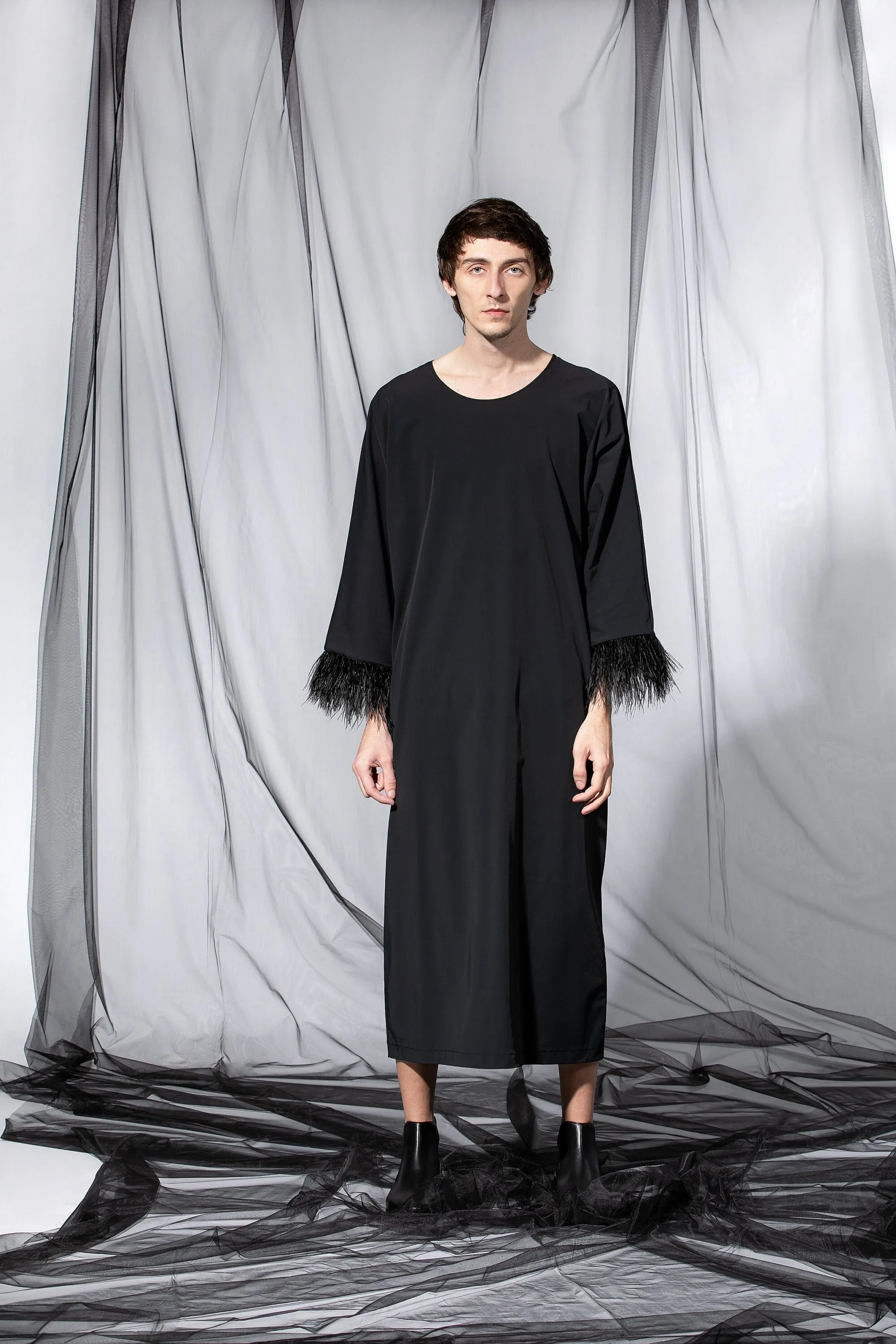Black Men Caftan Dress with Ostrich Feathers