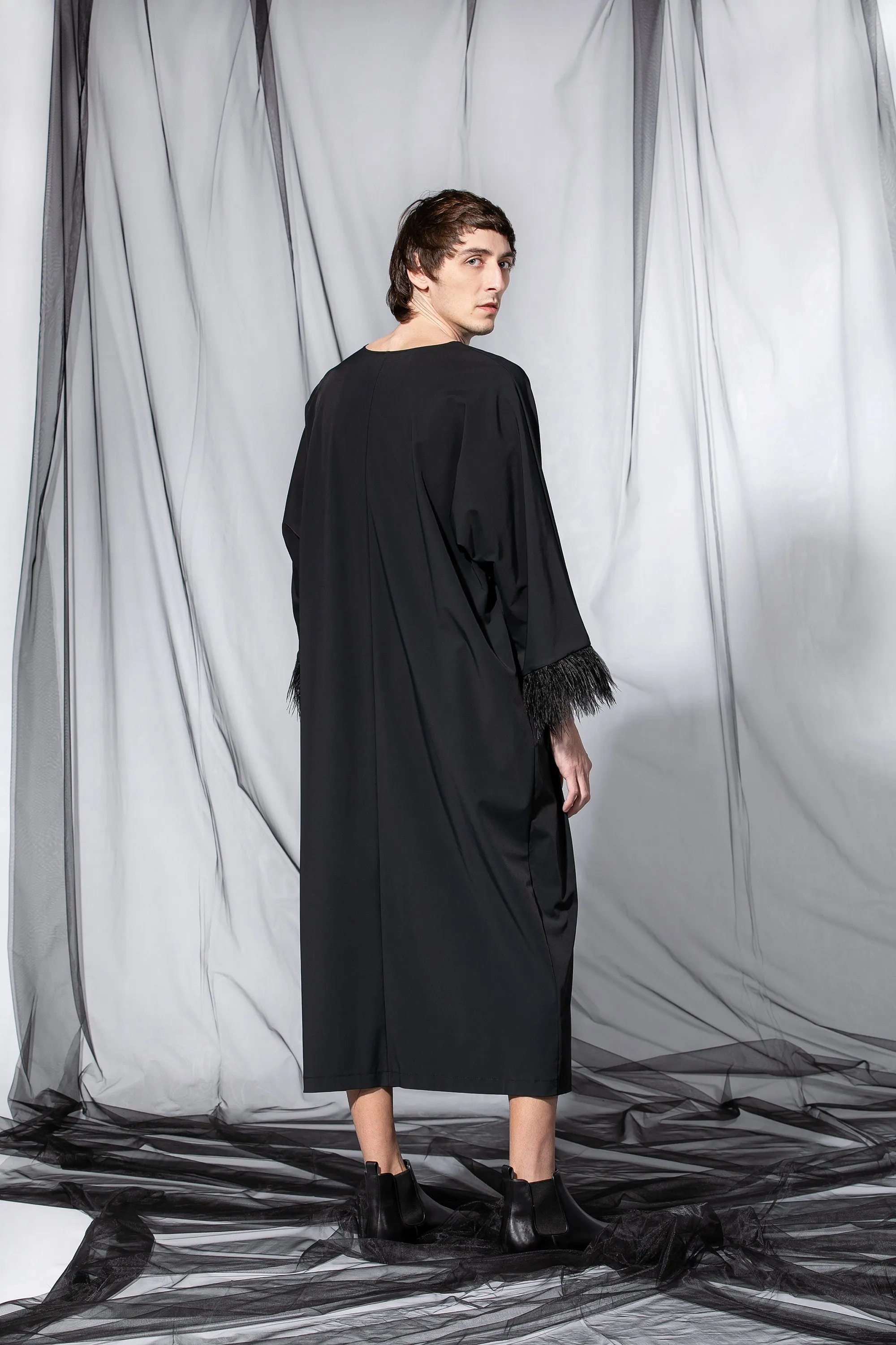 Black Men Caftan Dress with Ostrich Feathers