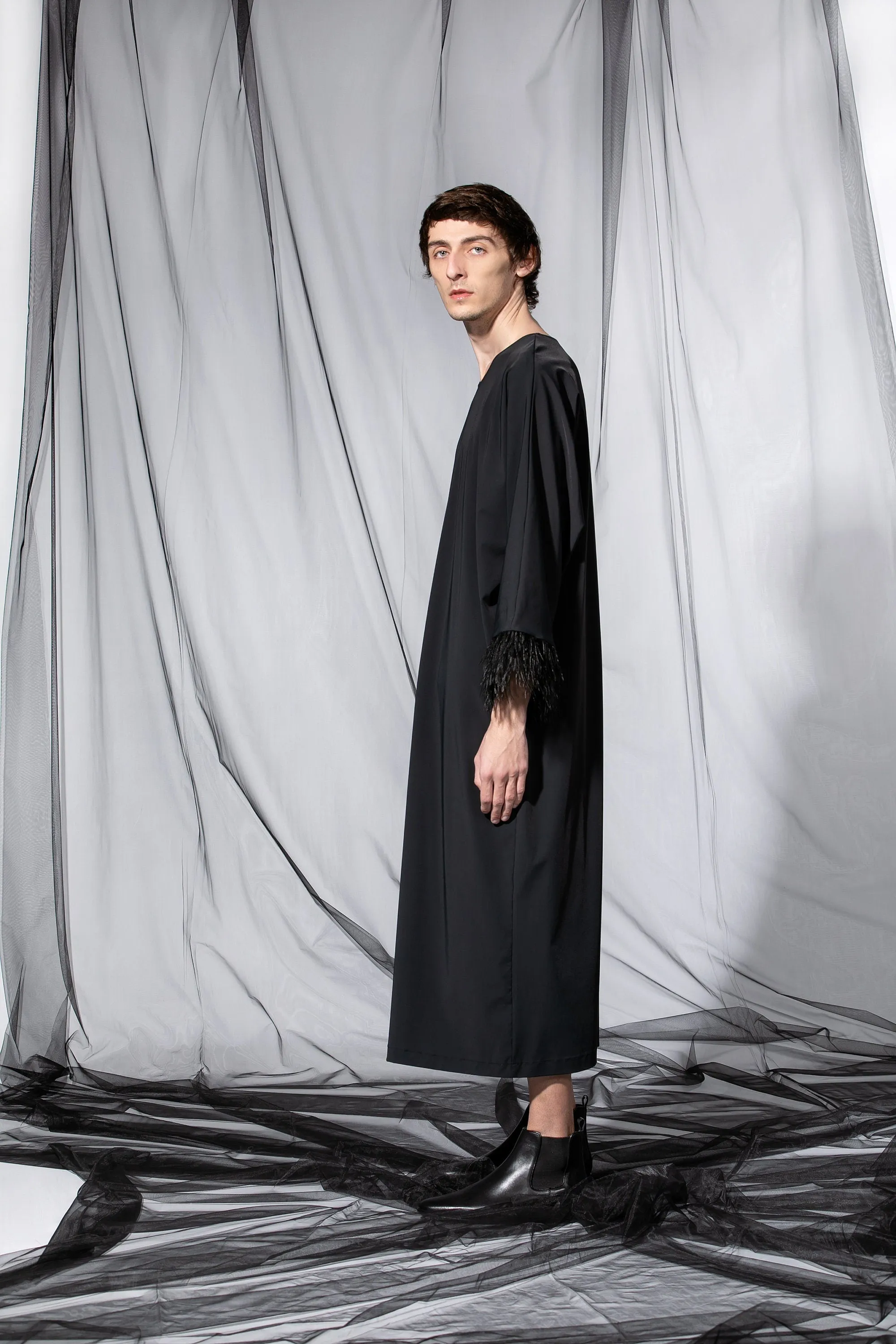Black Men Caftan Dress with Ostrich Feathers