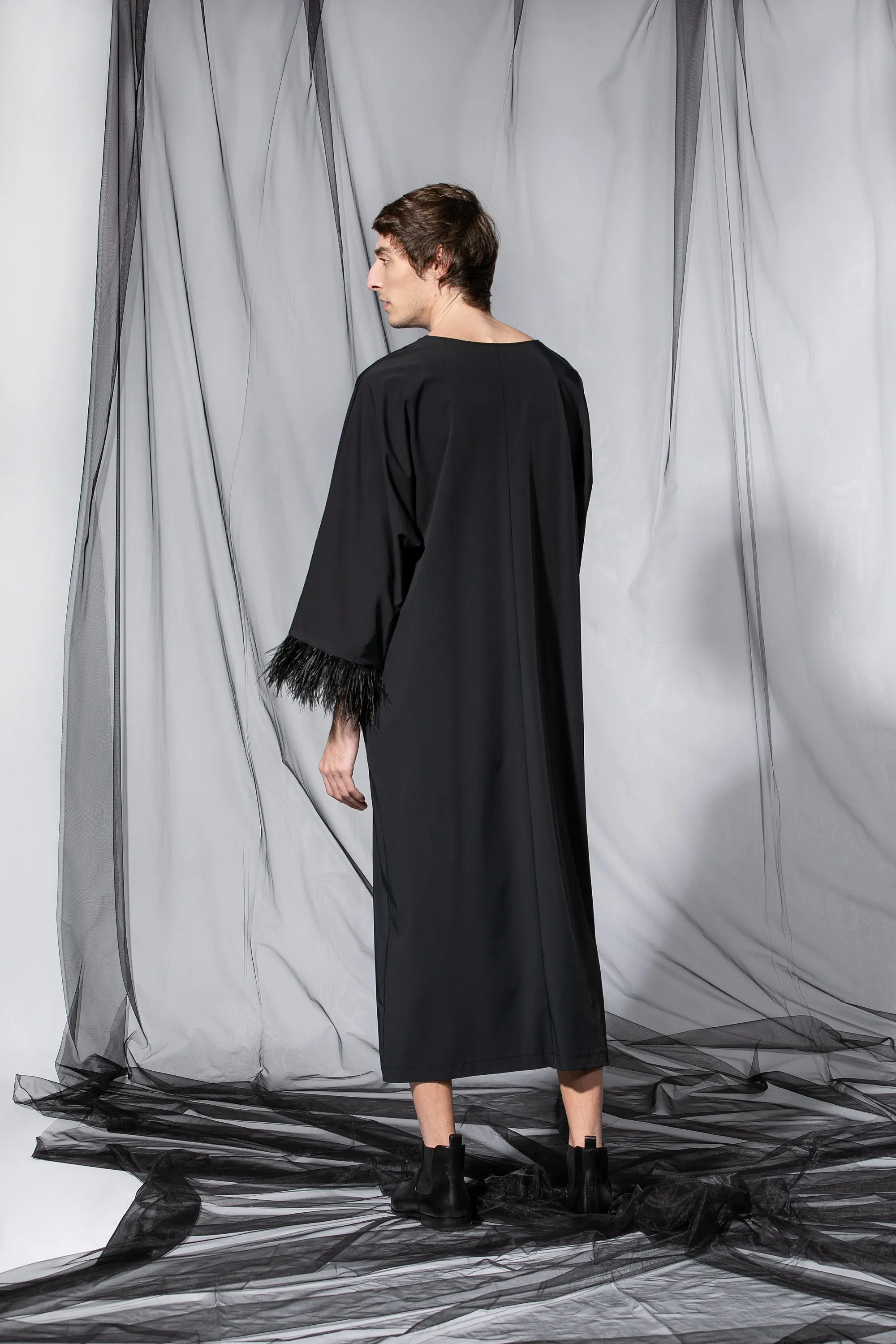 Black Men Caftan Dress with Ostrich Feathers