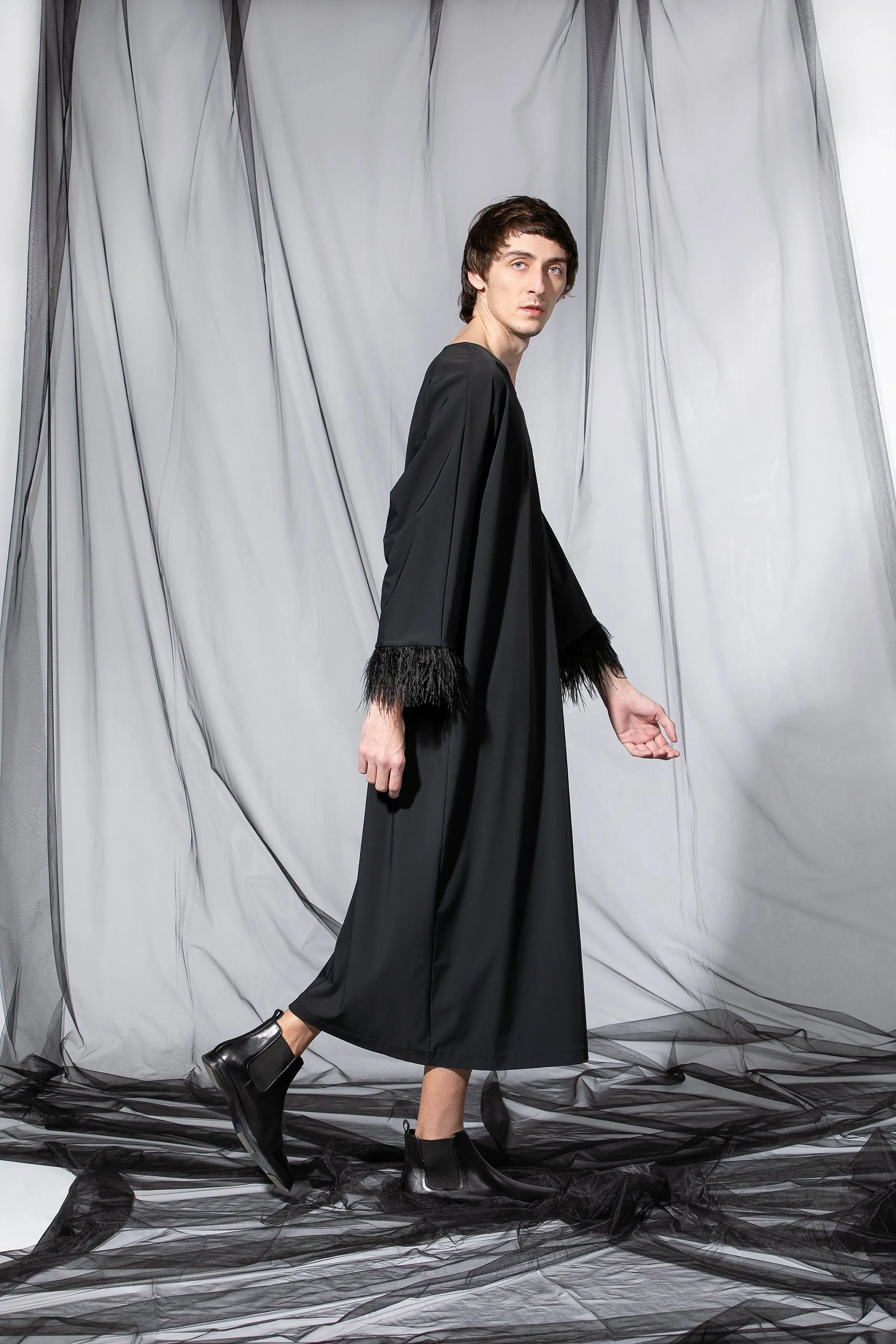 Black Men Caftan Dress with Ostrich Feathers