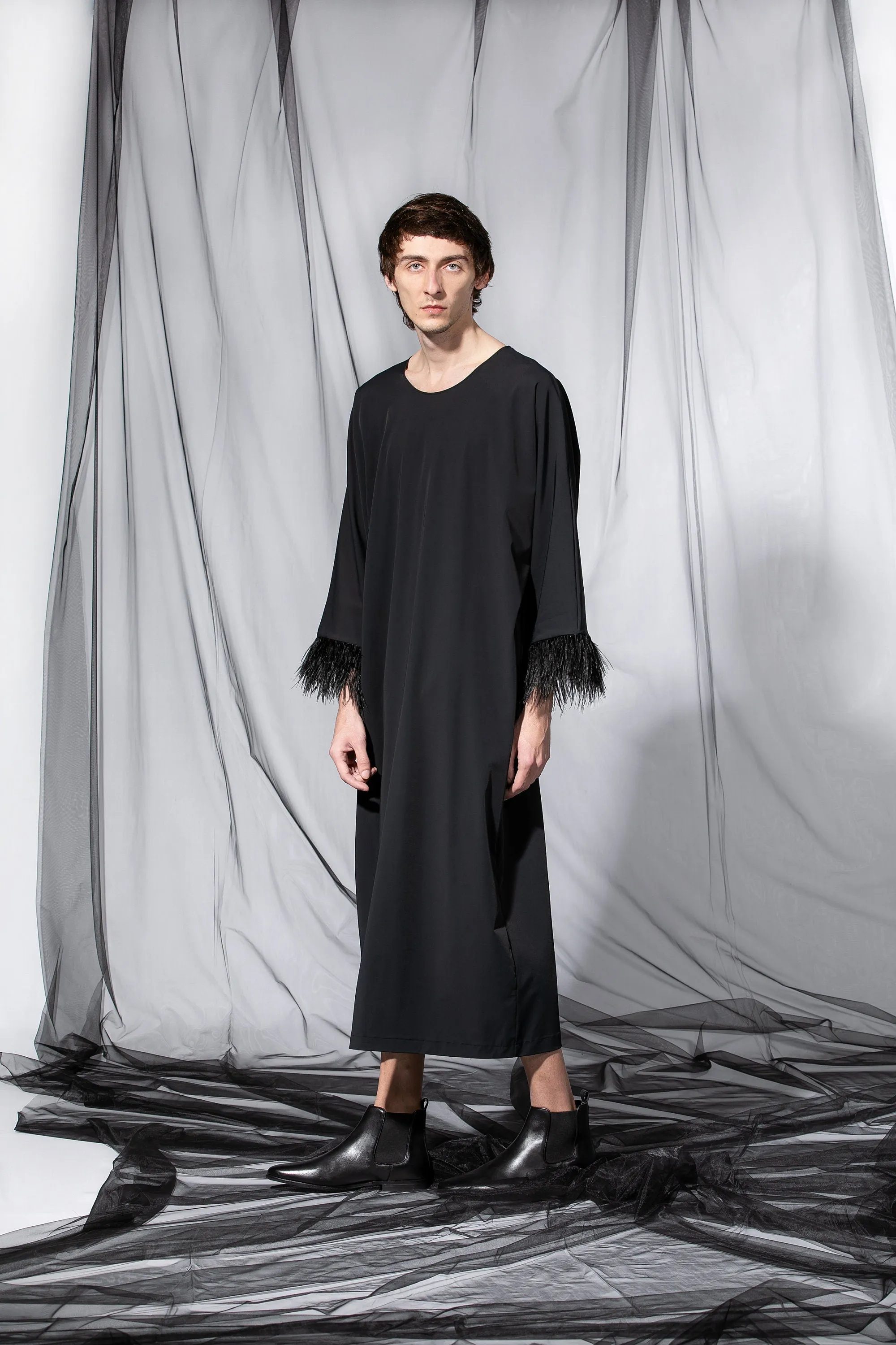 Black Men Caftan Dress with Ostrich Feathers