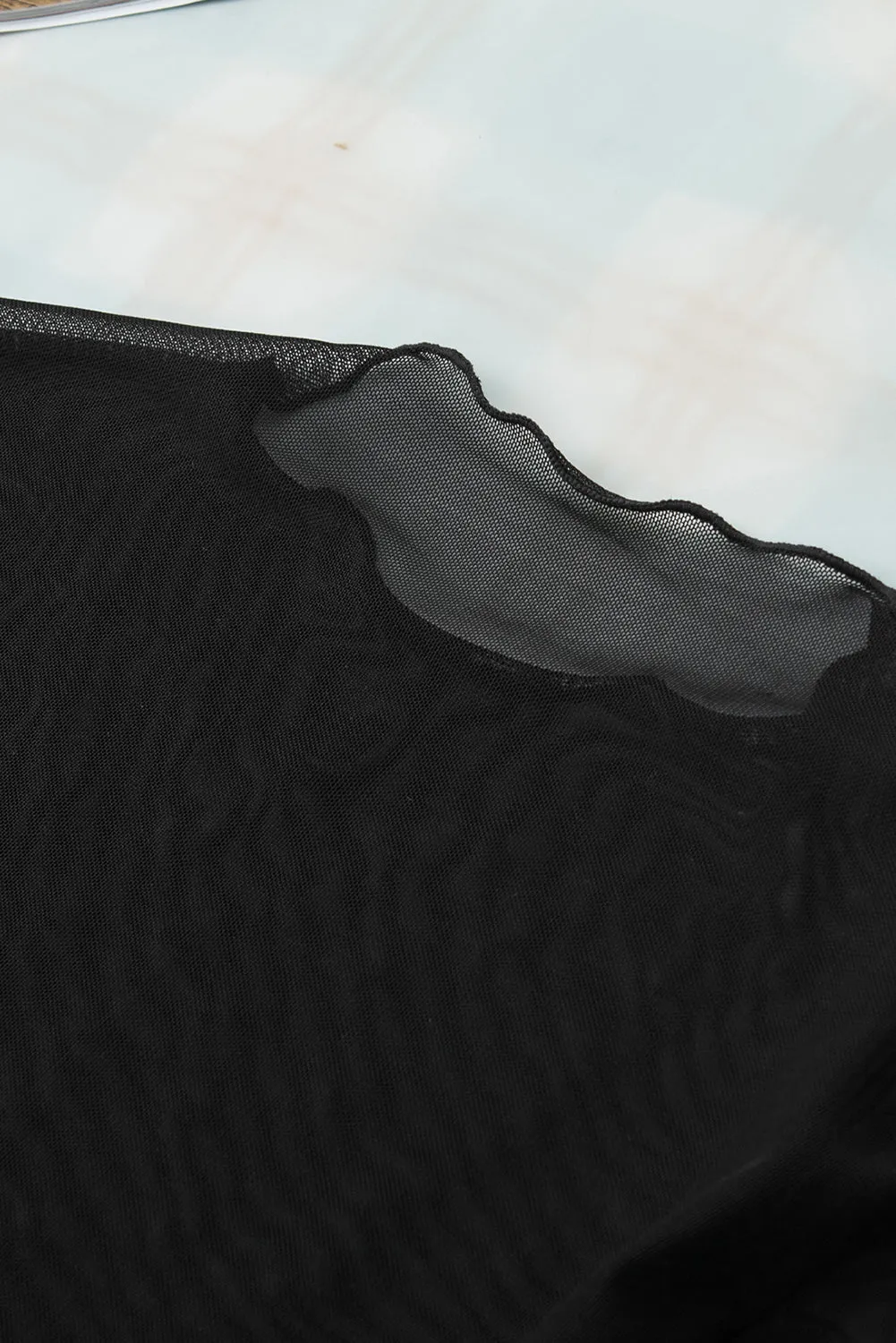 Black Rhinestone Sheer Mesh Slim Fit Long Sleeve Top