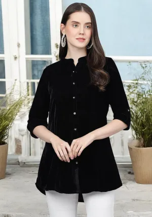 Black Solid Velvet A-line Shirts Style Top