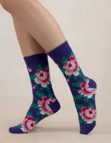 Bleuforet-Pixel Flower Pattern Socks-6490