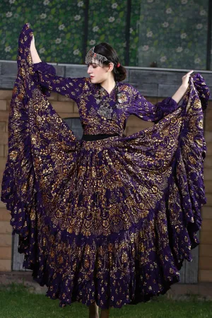 Block print Assuit pattern skirt Oriental Border Purple/Gold WLS
