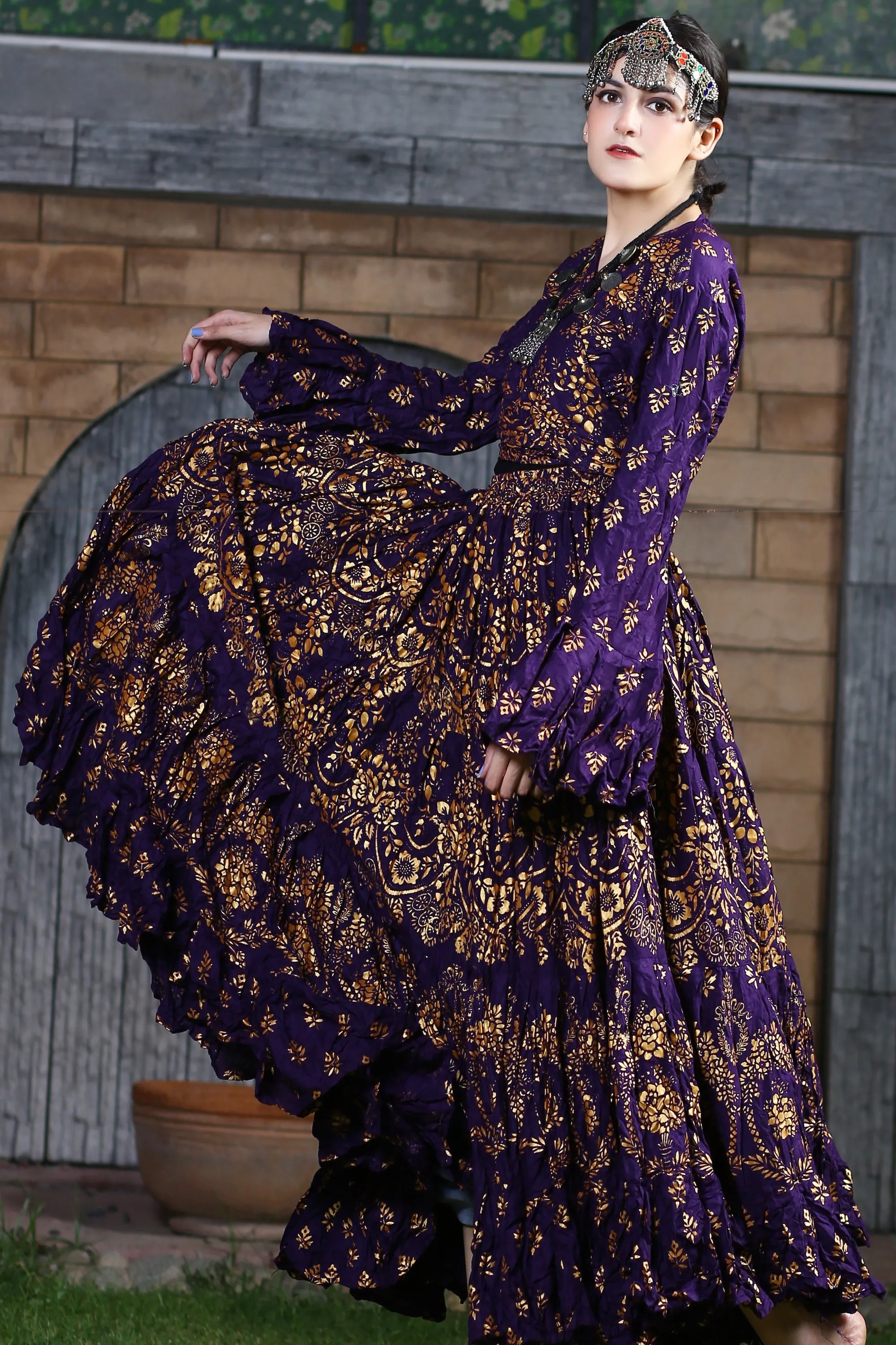 Block print Assuit pattern skirt Oriental Border Purple/Gold WLS