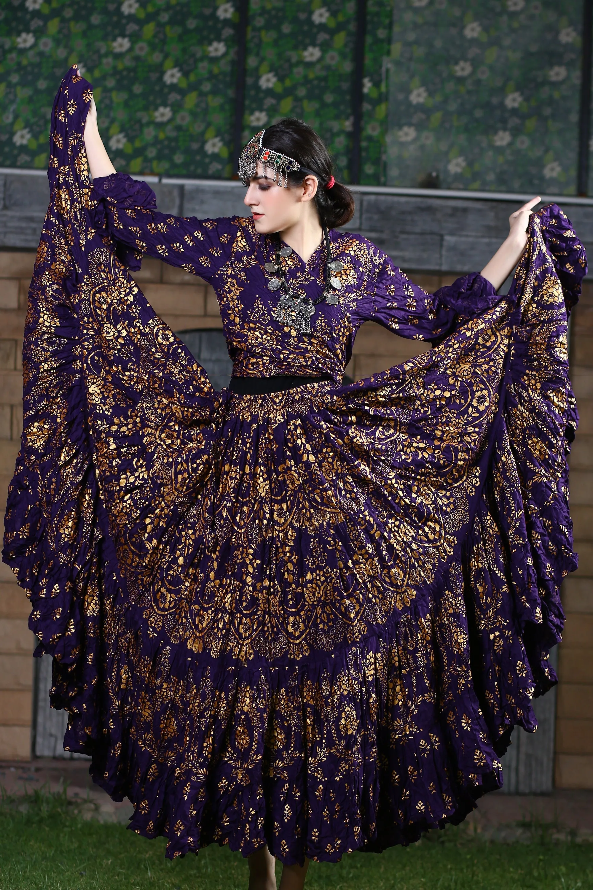Block print Assuit pattern skirt Oriental Border Purple/Gold WLS