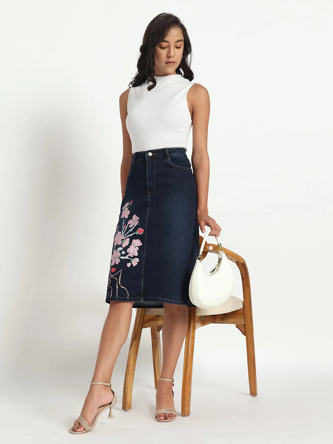 Blossom Elegance Hand-Painted Denim Knee length Skirt