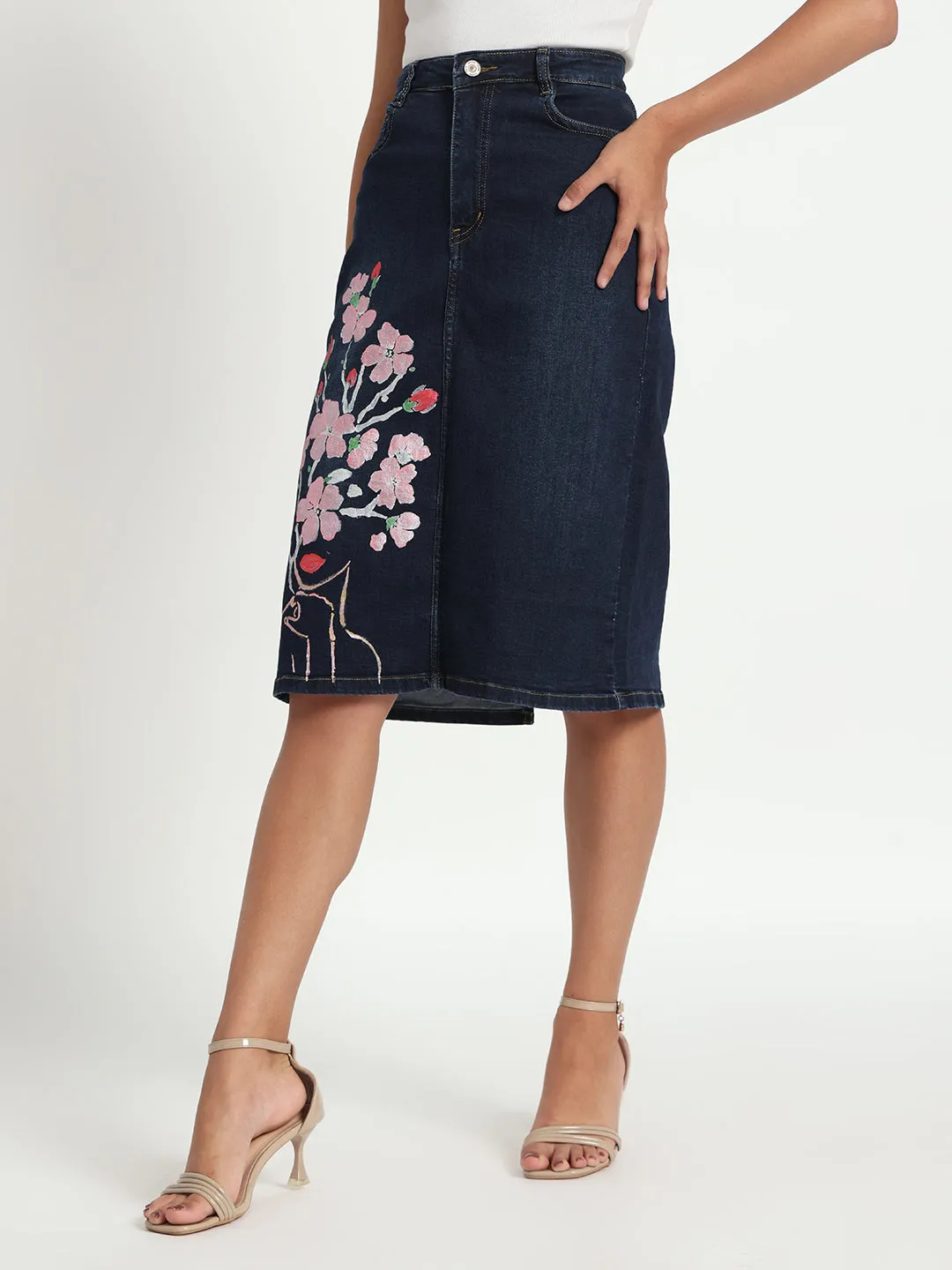 Blossom Elegance Hand-Painted Denim Knee length Skirt