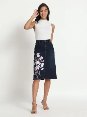 Blossom Elegance Hand-Painted Denim Knee length Skirt