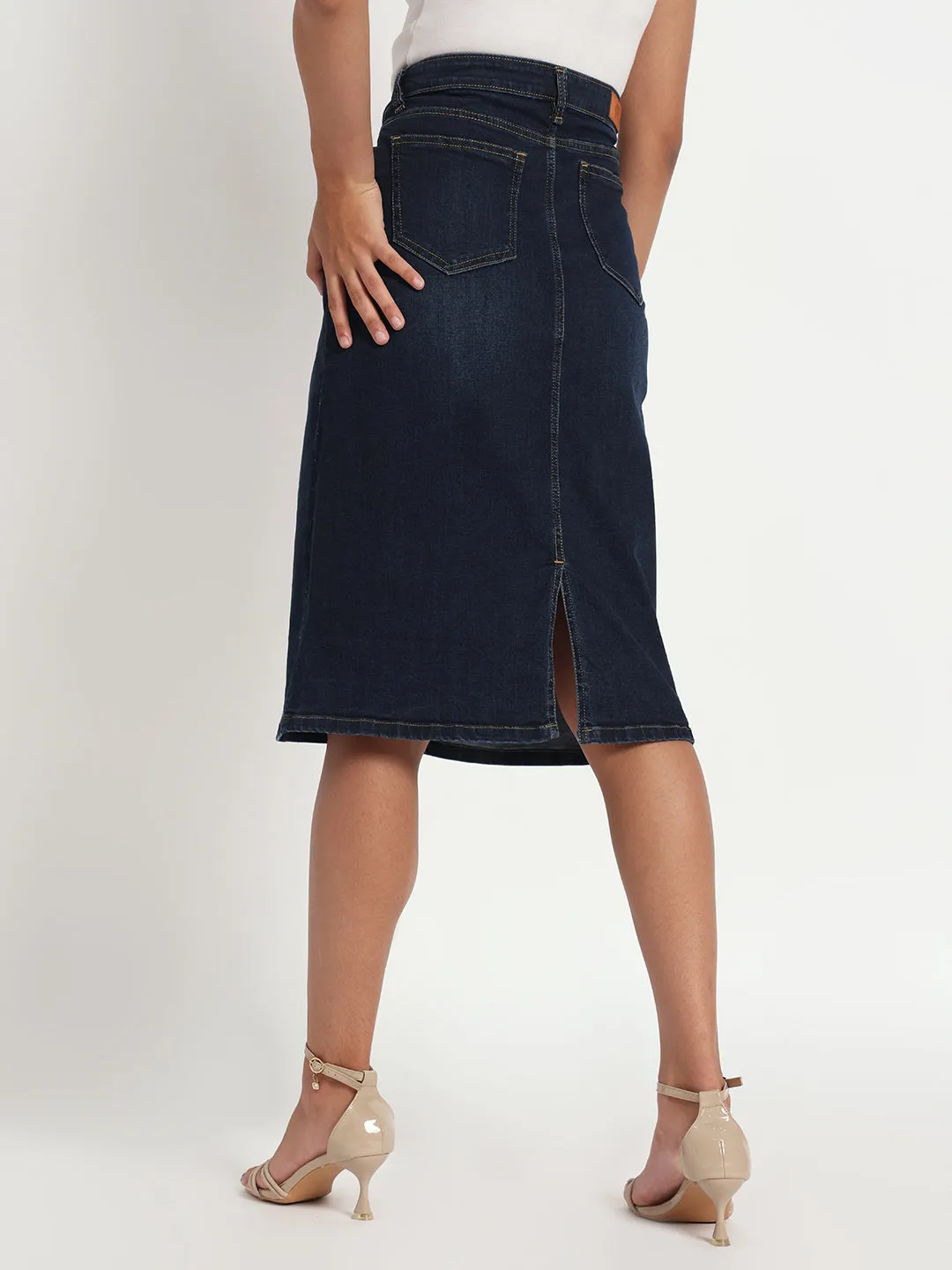 Blossom Elegance Hand-Painted Denim Knee length Skirt