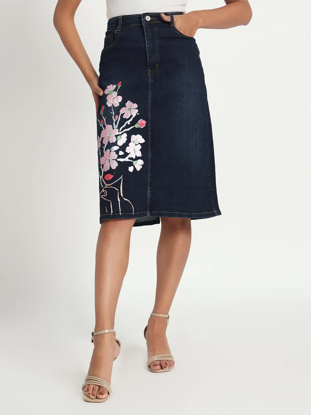 Blossom Elegance Hand-Painted Denim Knee length Skirt