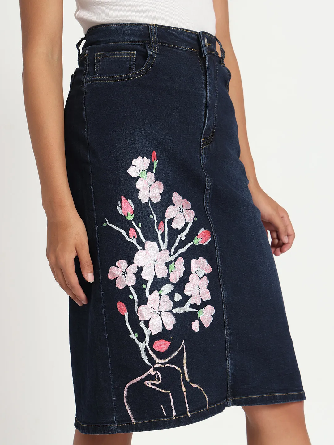 Blossom Elegance Hand-Painted Denim Knee length Skirt