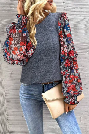 Blue Apricot Pink Contrast Frilled Floral Sleeve Top