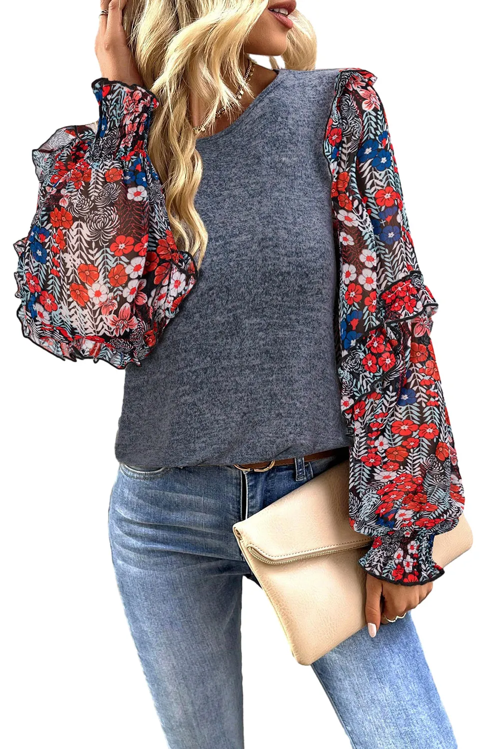 Blue Apricot Pink Contrast Frilled Floral Sleeve Top