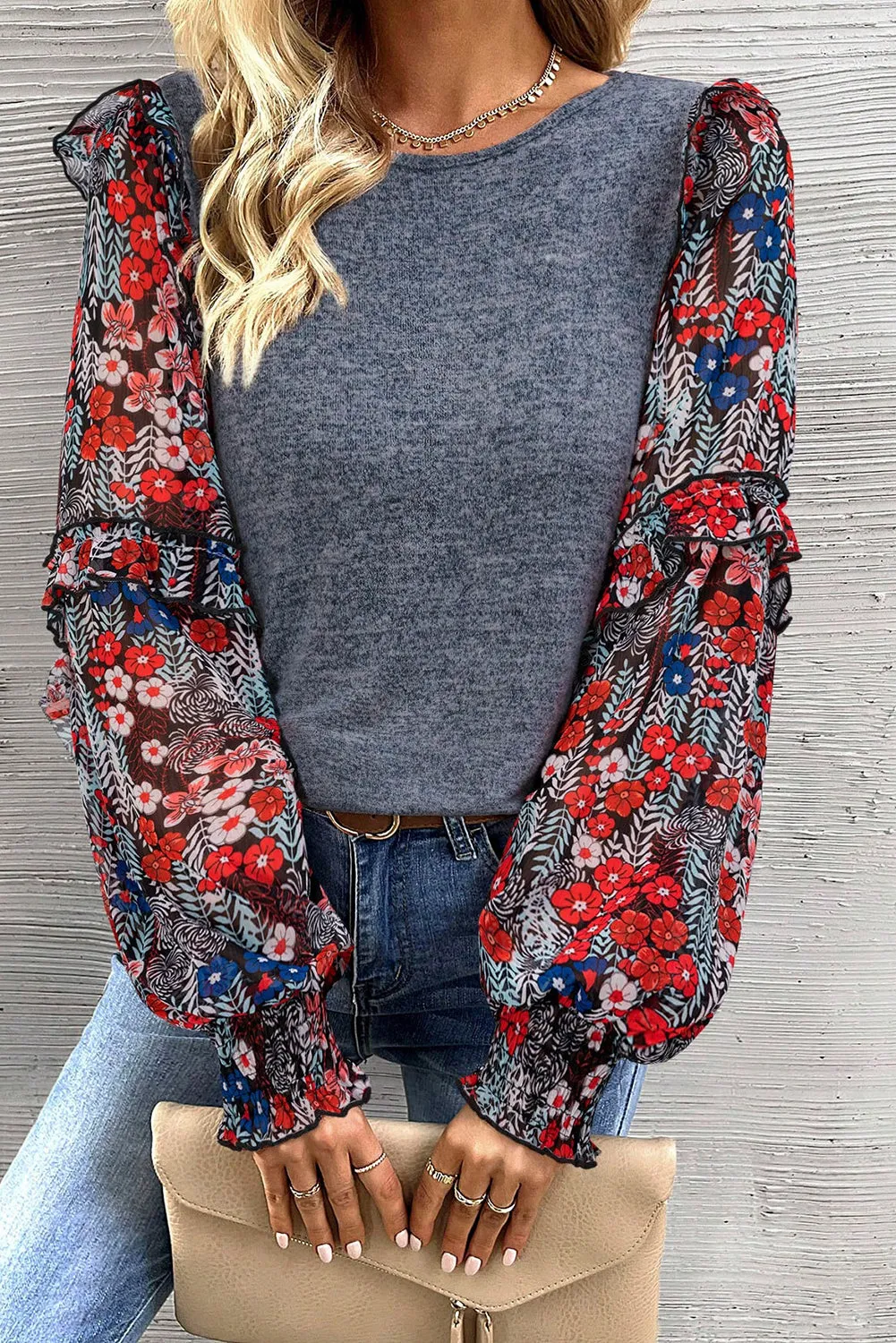Blue Apricot Pink Contrast Frilled Floral Sleeve Top