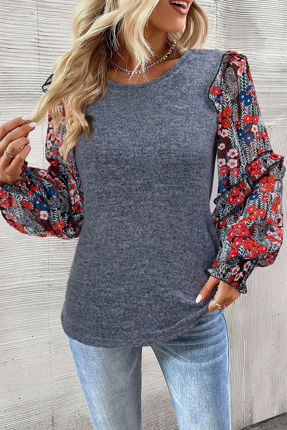 Blue Apricot Pink Contrast Frilled Floral Sleeve Top