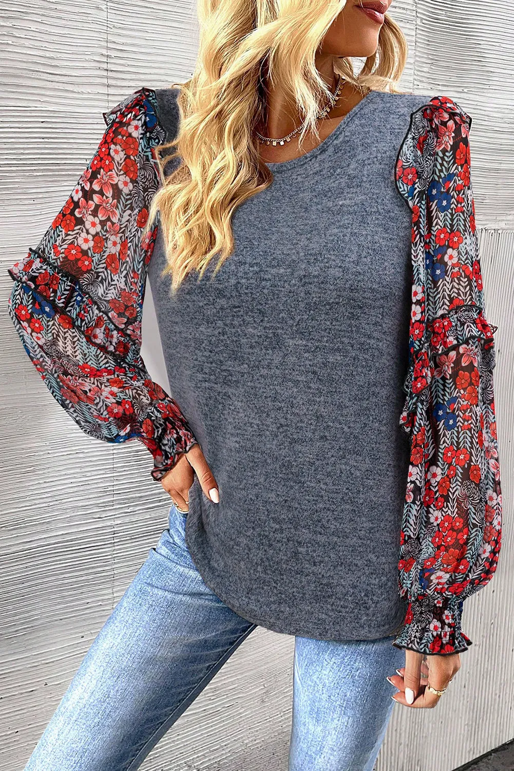 Blue Apricot Pink Contrast Frilled Floral Sleeve Top