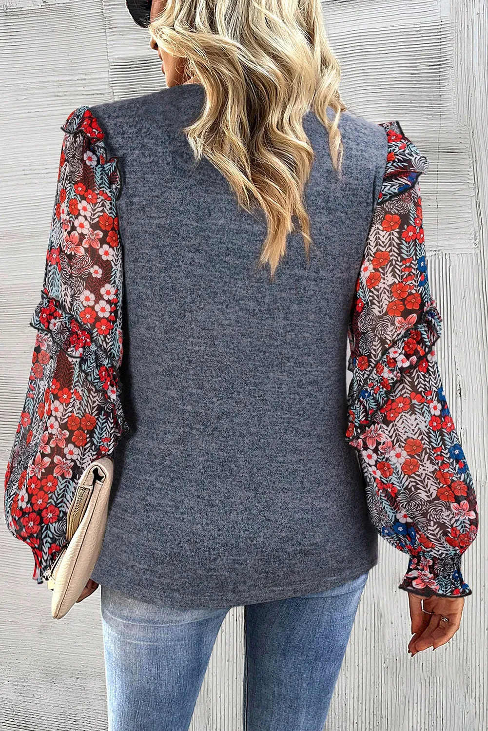 Blue Apricot Pink Contrast Frilled Floral Sleeve Top