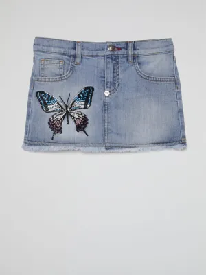 Blue Butterfly Crystals Denim Skirt (Kids)