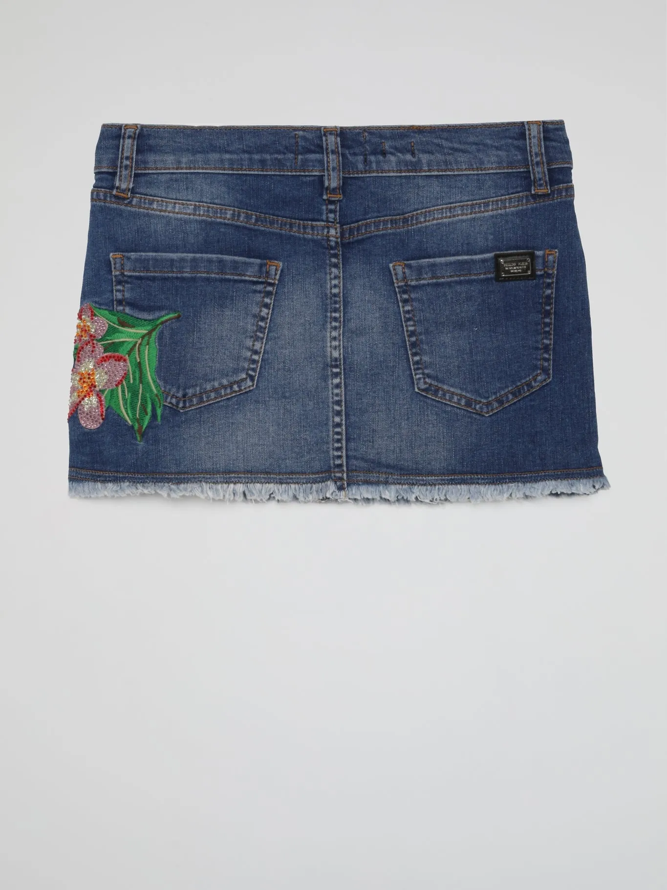 Blue Embroidered Flowers Frayed Denim Skirt (Kids)