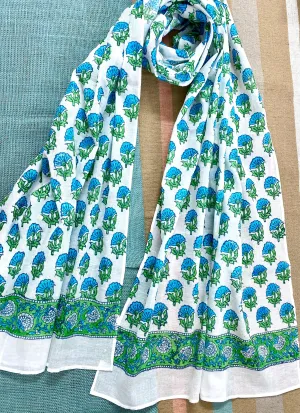 Blue Green Block Printed Muslin Scarf