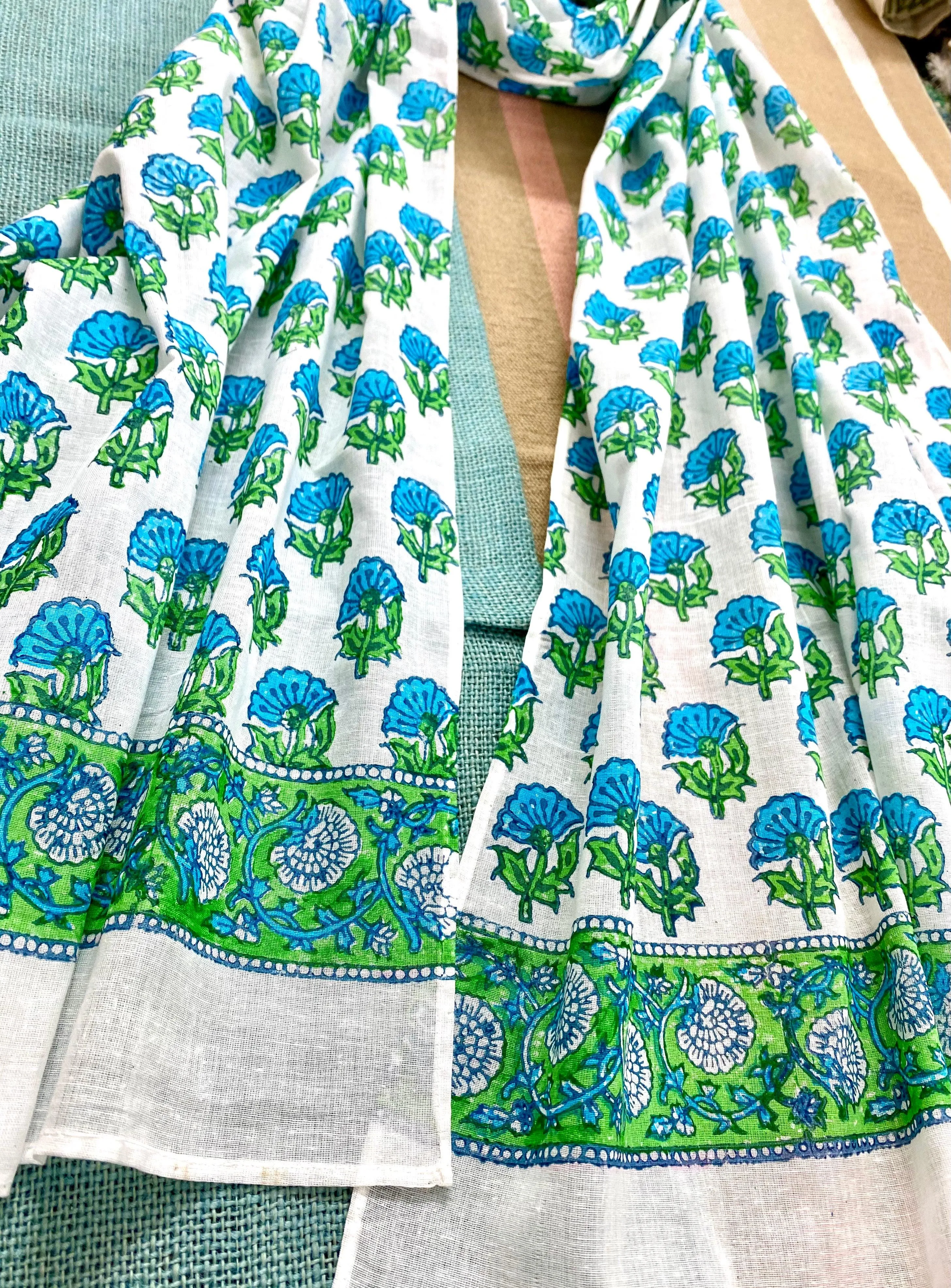 Blue Green Block Printed Muslin Scarf