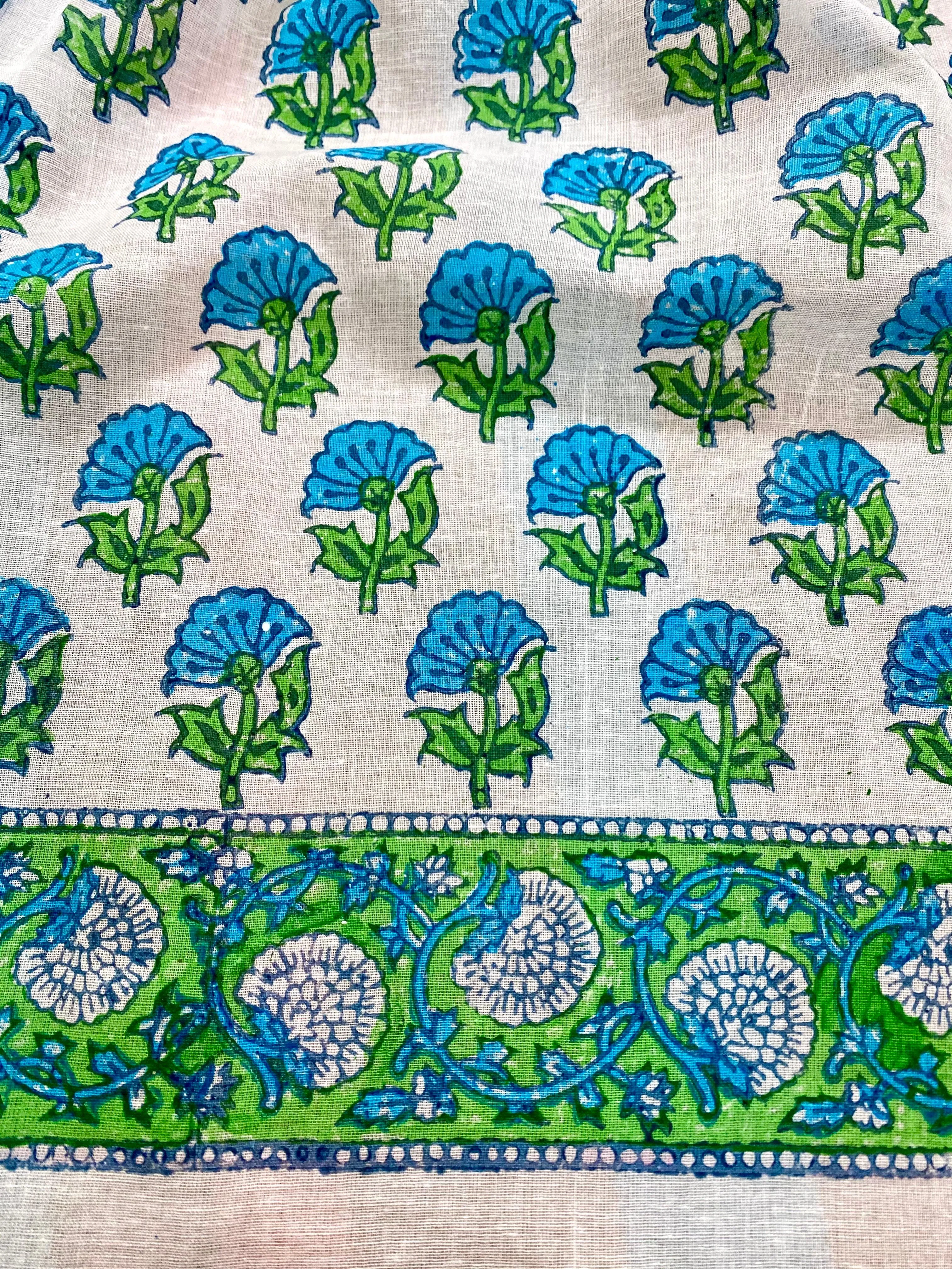 Blue Green Block Printed Muslin Scarf